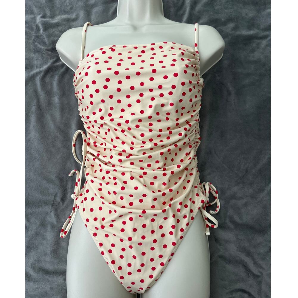 J Crew Swimwear Womens 12 Red Polka Dot One Piece Ruched Side Ties Beach Resort